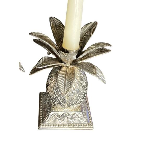 Godinger Pair Silver Plated Tropical Pineapple Leaf Candle Holders. Beachy.Decor - Picture 2 of 5